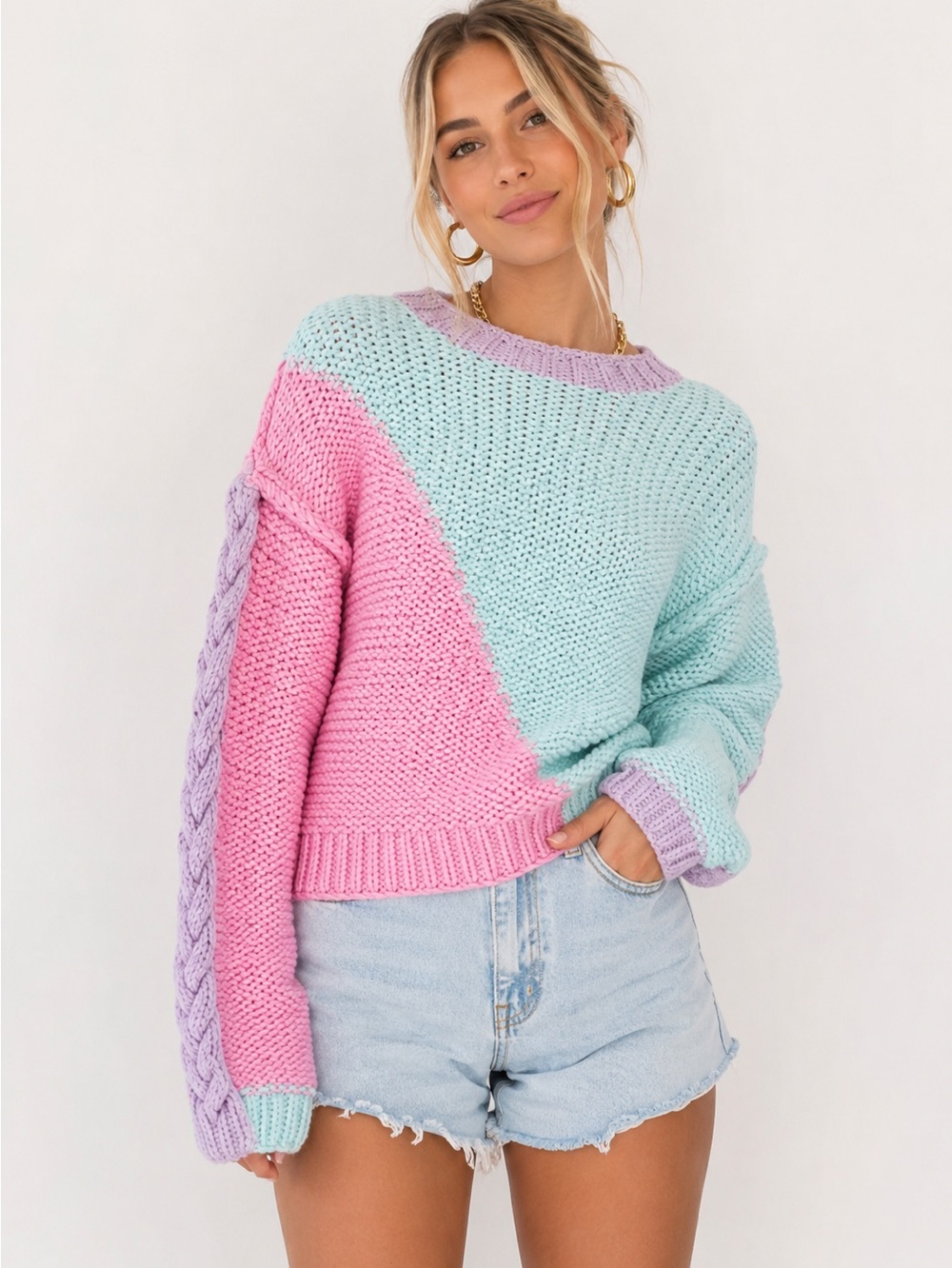 LoveShackFancy Multicolor Cotton Blend Pastel Colorblock Crewneck Sweater Sz. L